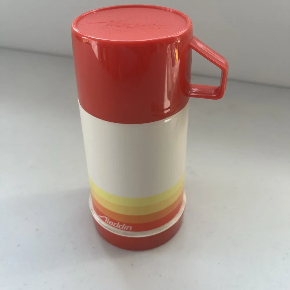 Vintage Aladdin Thermos Red Orange Yellow Complete With Stopper & Cup Half Pint